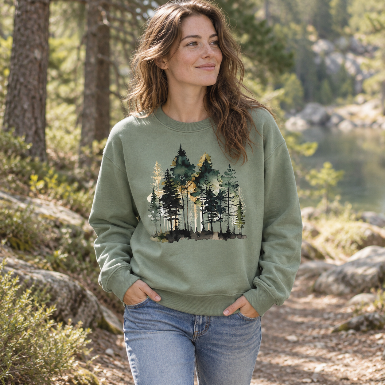 Watercolor Pine Forest Landscape Sweatshirts