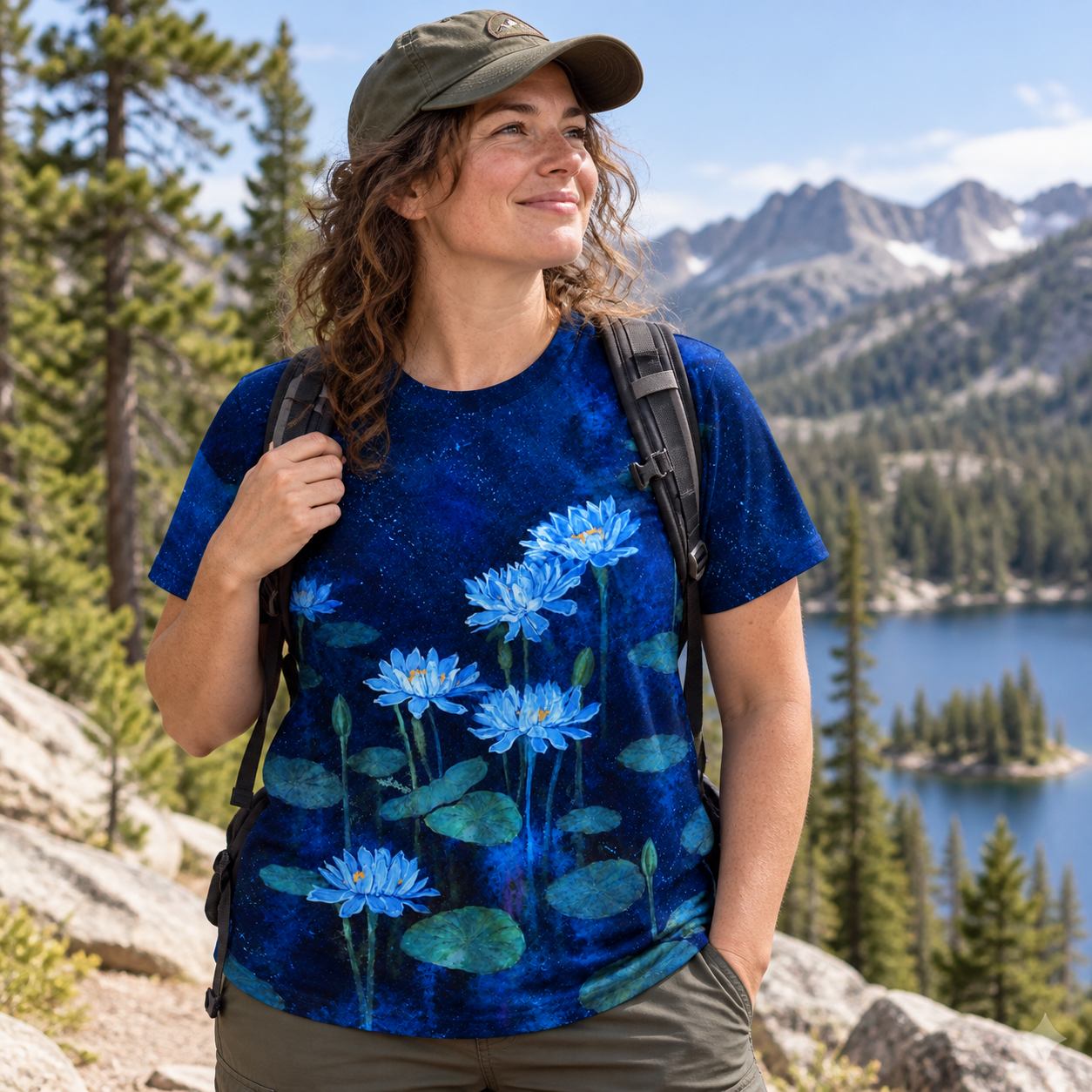 Blue Water Lilies In Moonlit Pond Premium Pure Cotton Tee