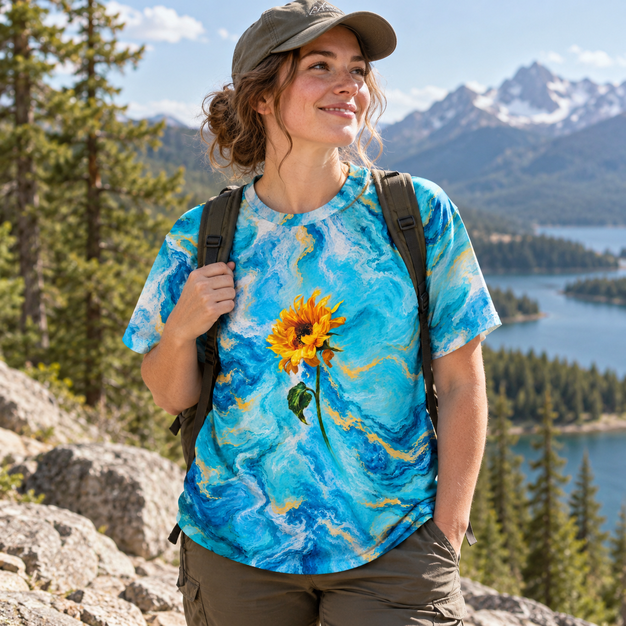 Sunflower In Blue Marble Flow Premium Pure Cotton Tee