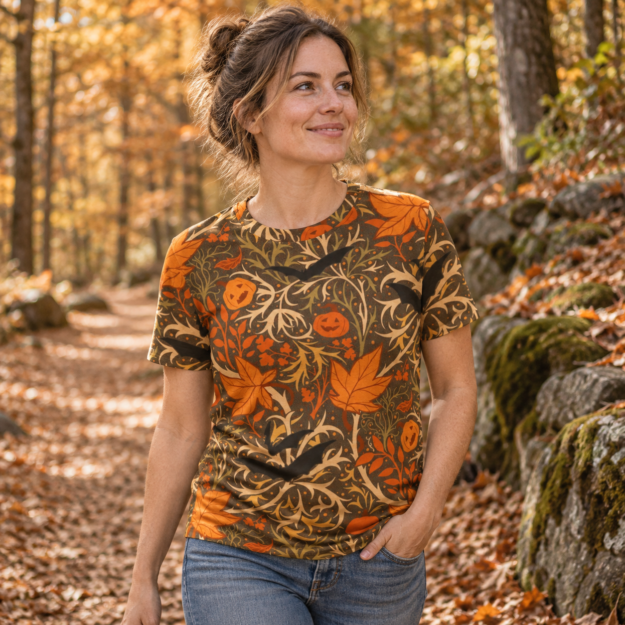 Autumn Pumpkin Woodland Pattern Premium Pure Cotton Tee