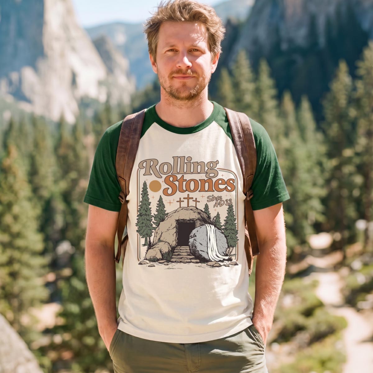 Retro Mountain Nature Cave and Stone Raglan T‑Shirt