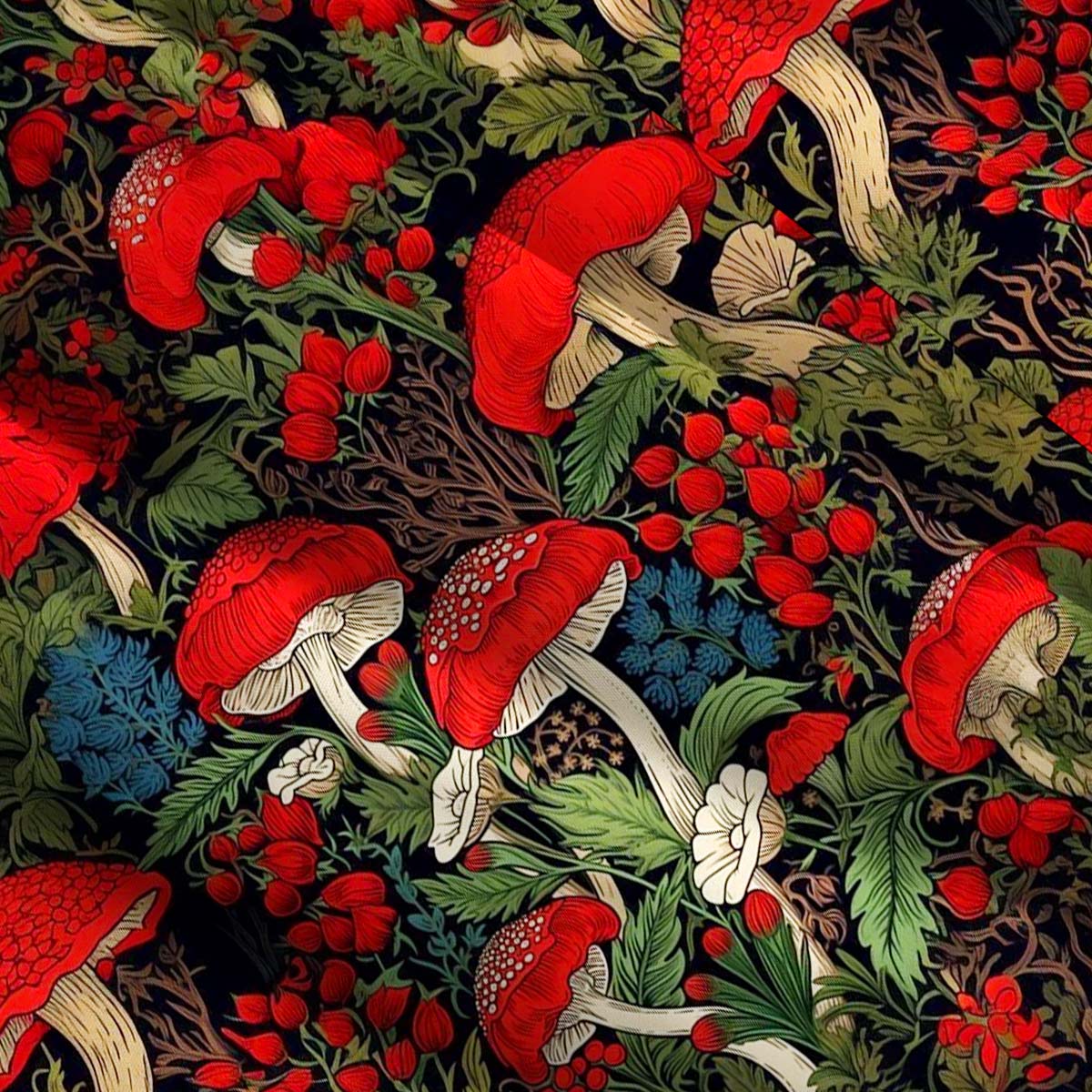 Red Mushroom and Woodland Botanical Straps Maxi Dress