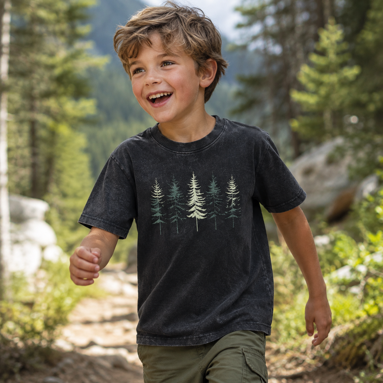 Minimal Pine Forest Silhouette Kids Washed T-Shirt