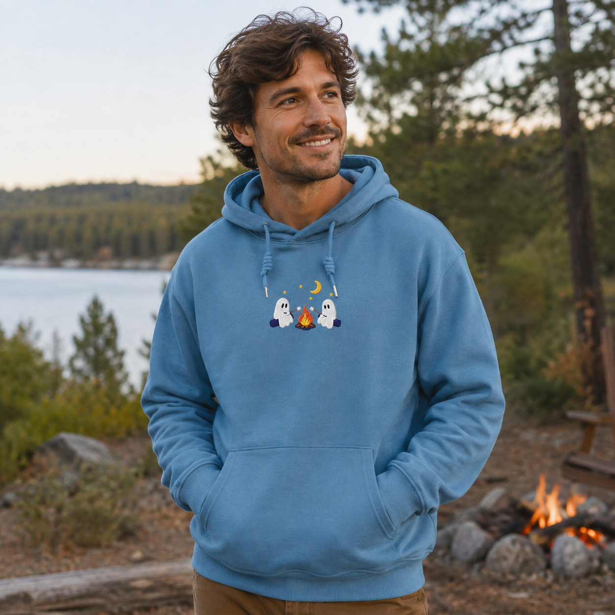 Ghost Campfire Under Moon Embroidered Hoodie