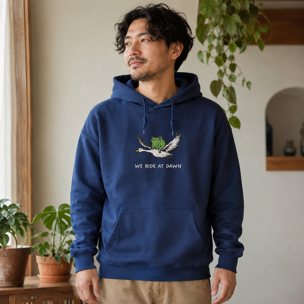 Crane and Frog Nature Duo Embroidered Cotton Hoodie