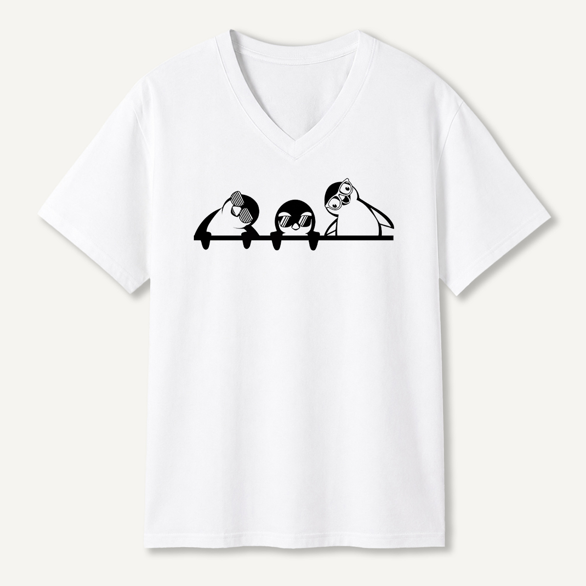 Curious Penguins Peeking Over V-neck T-Shirt