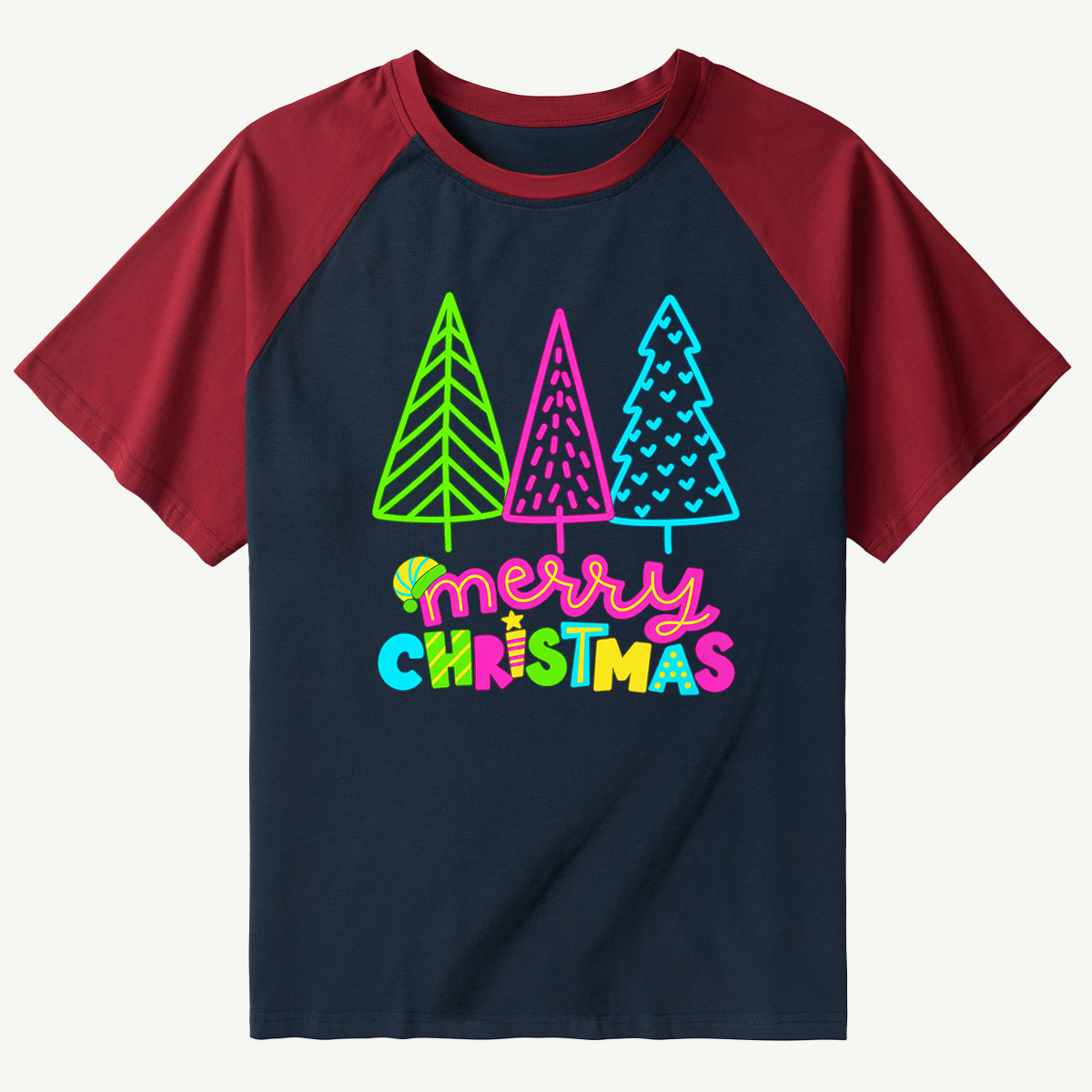 Merry Christmas Three Colorful Neon Trees Raglan T-Shirt