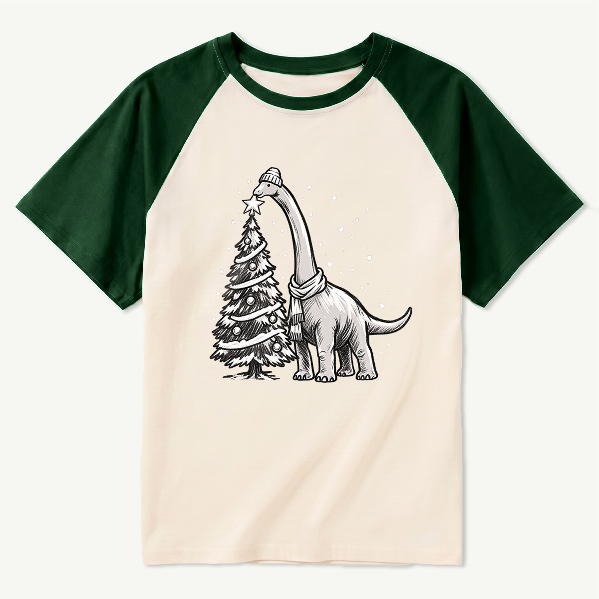 Cozy Long Neck Dinosaur Decorating Christmas Tree Raglan T-Shirt