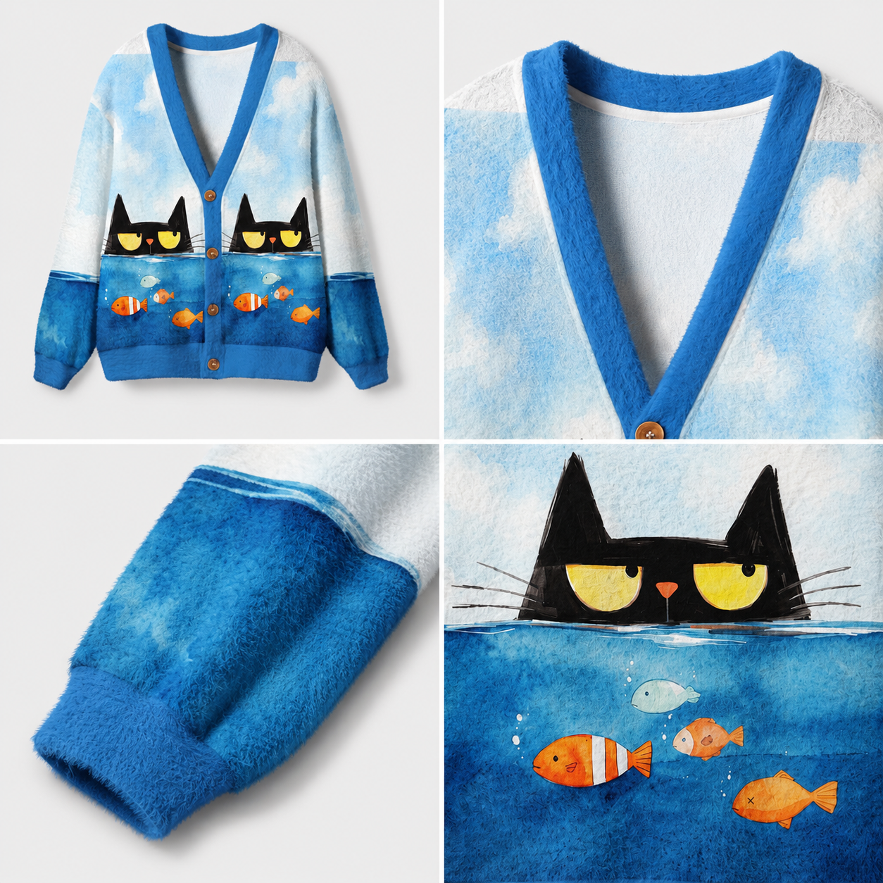 Fishwatch Cat on Patrol Ugly Cardigan Sweaters