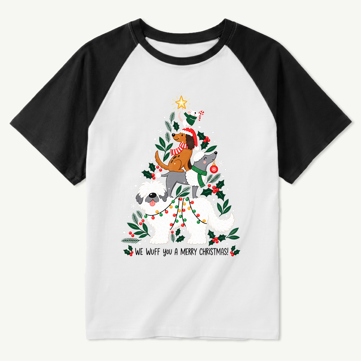 We Wuff You A Merry Christmas Stacked Dogs Raglan T-Shirt