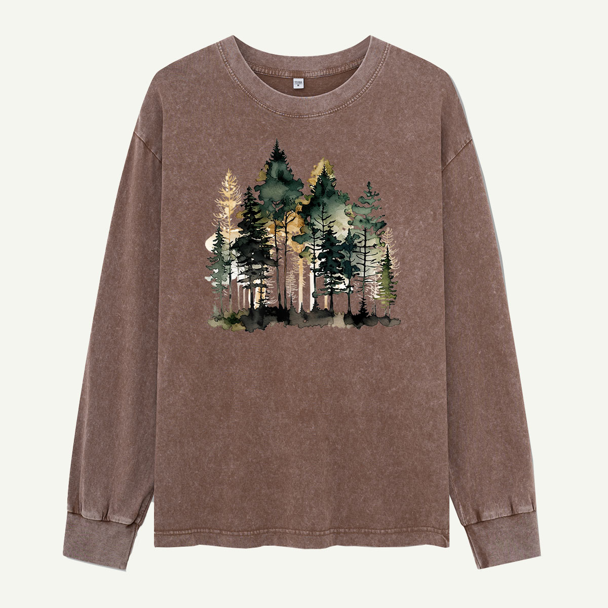 Watercolor Pine Forest Landscape Washed Long Sleeves