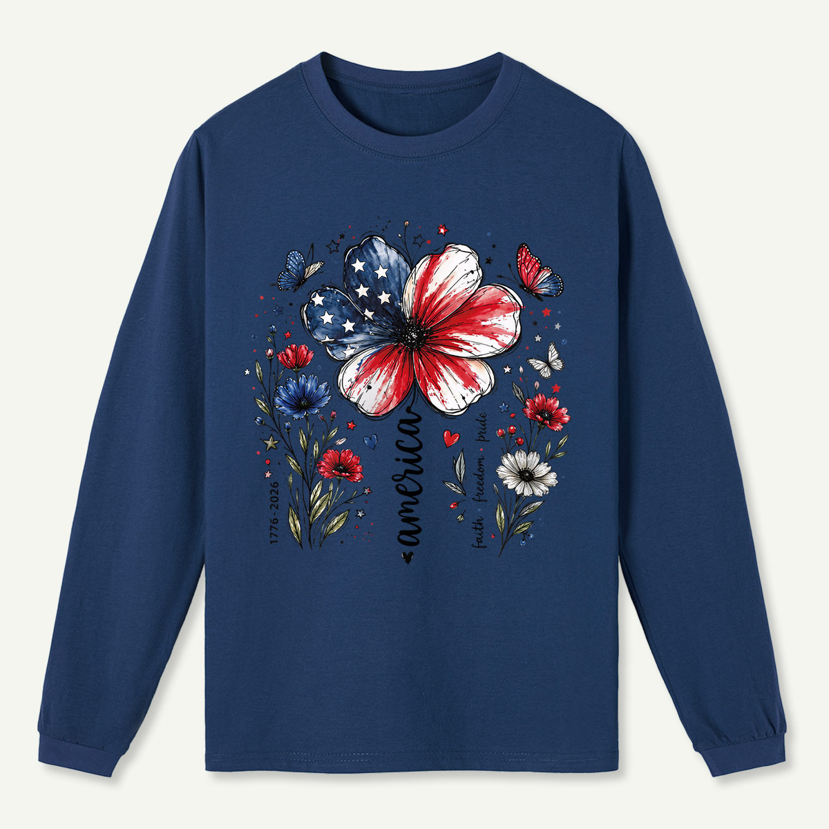 USA 250th Anniversary Floral Long Sleeve T-Shirt