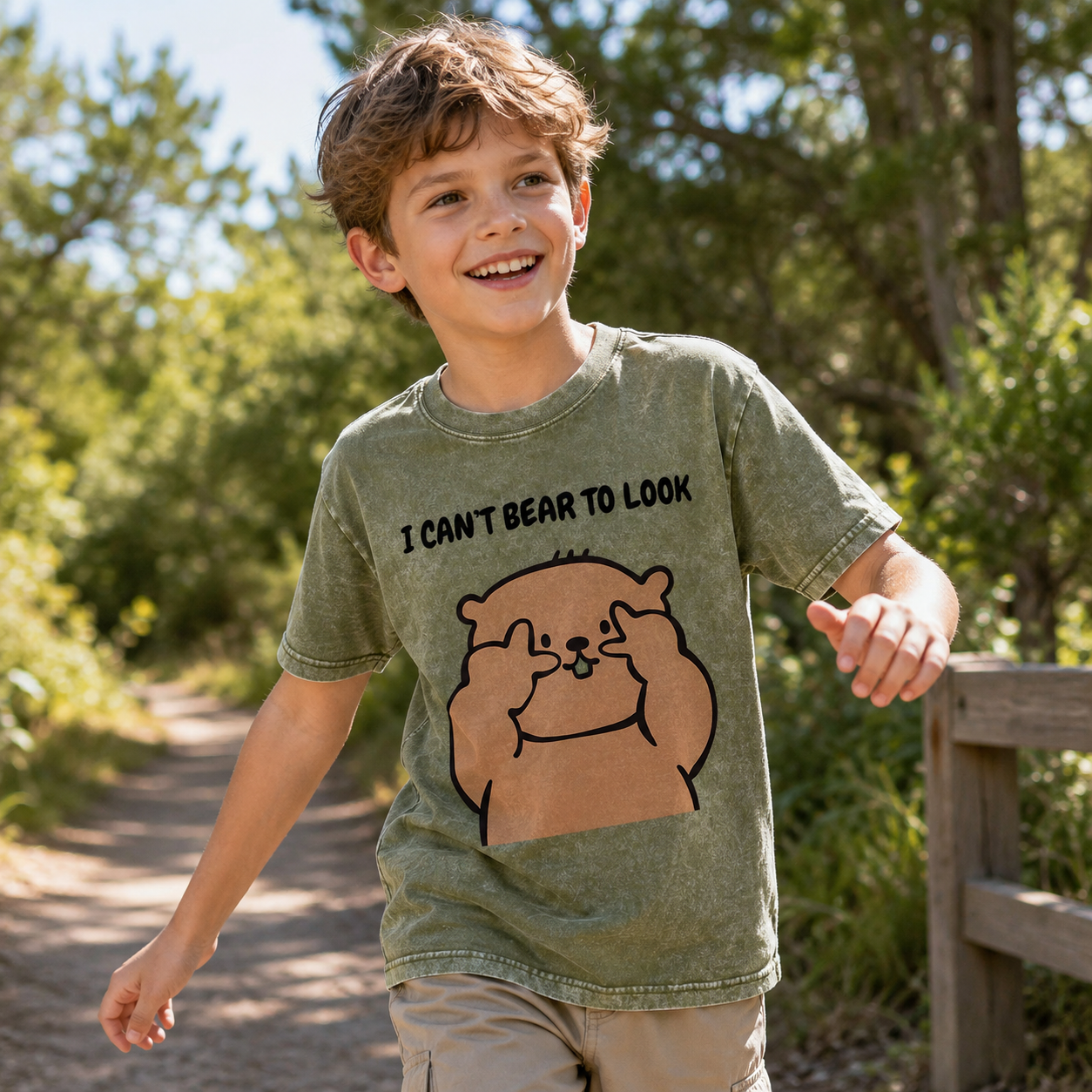 I Can’t Bear to Look Funny Bear Kids Washed T-Shirt
