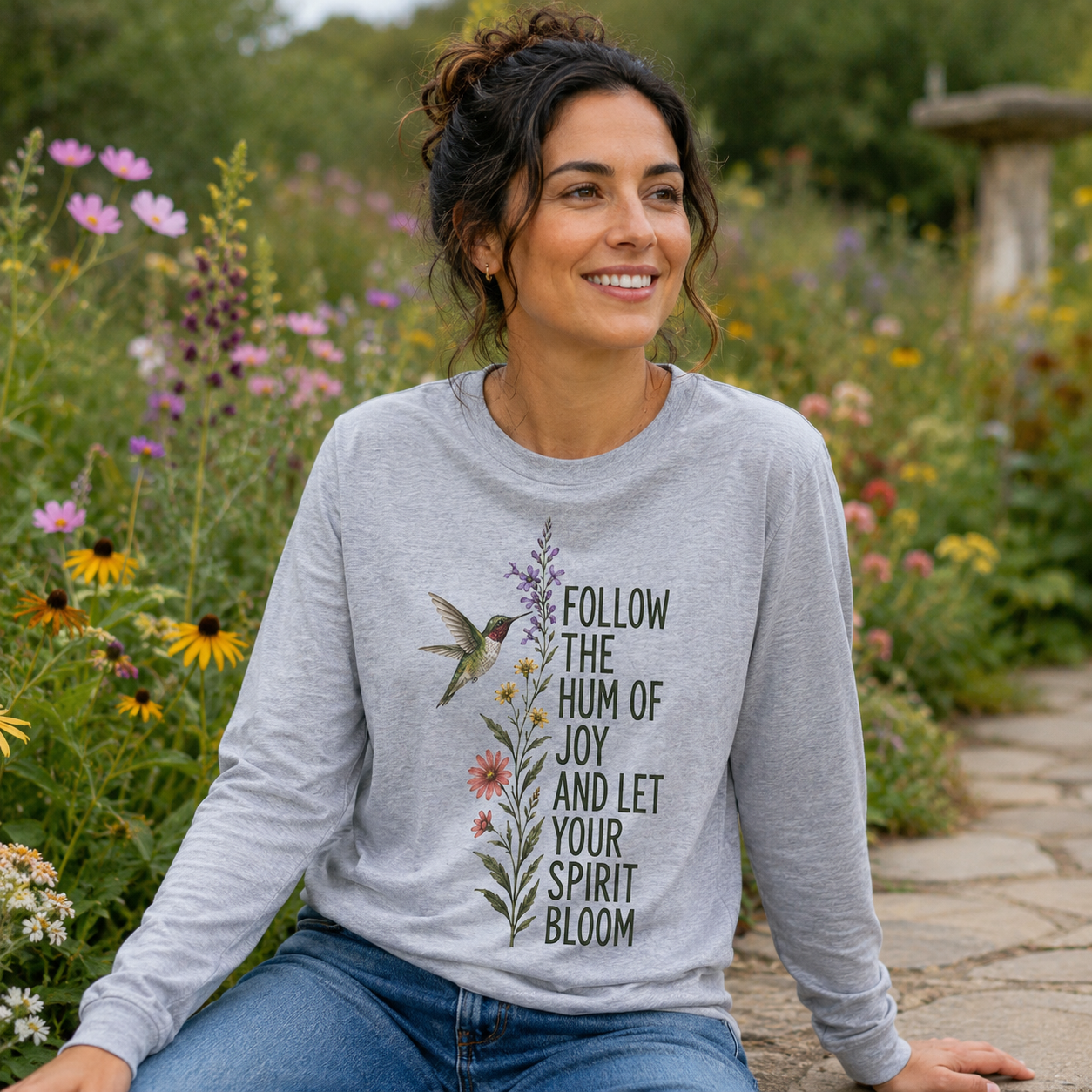 Hummingbird Joy Bloom Quote Long Sleeve T-Shirt