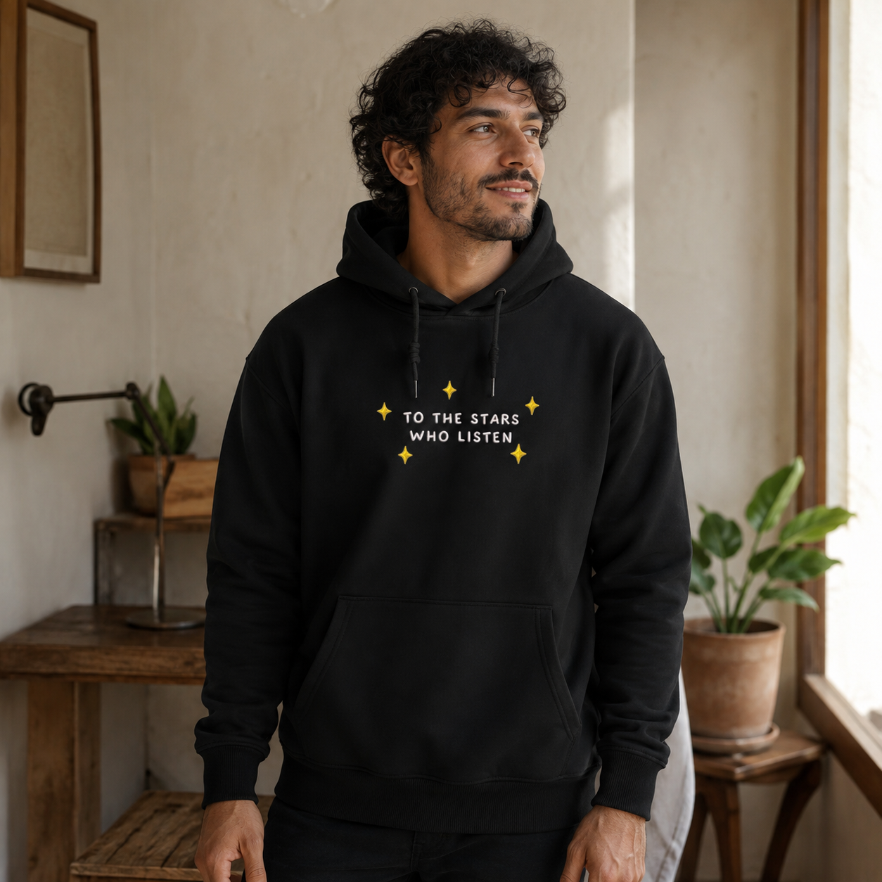 To The Stars You Listen Quote Embroidered Cotton Hoodie