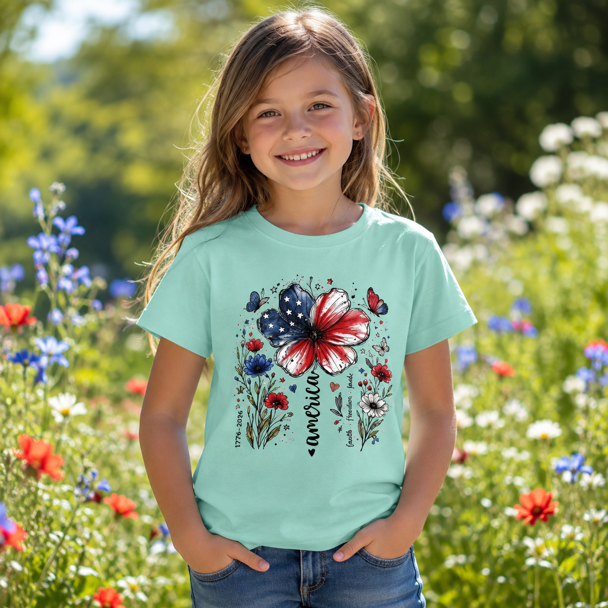 USA 250th Anniversary Floral Kids T-Shirt