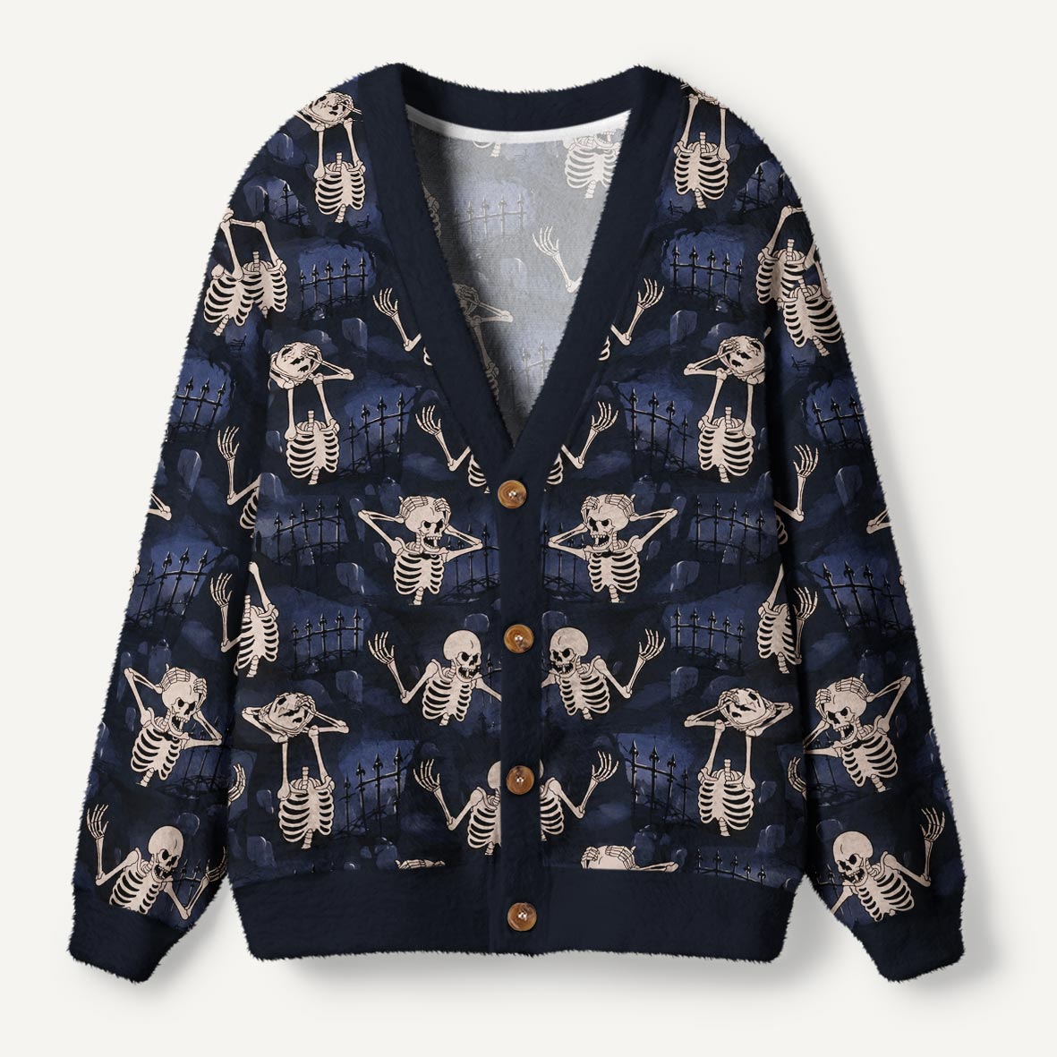 Frustrated Skeleton Three Panel Vintage Horror Cartoon Ugly Cardigan Sweaters