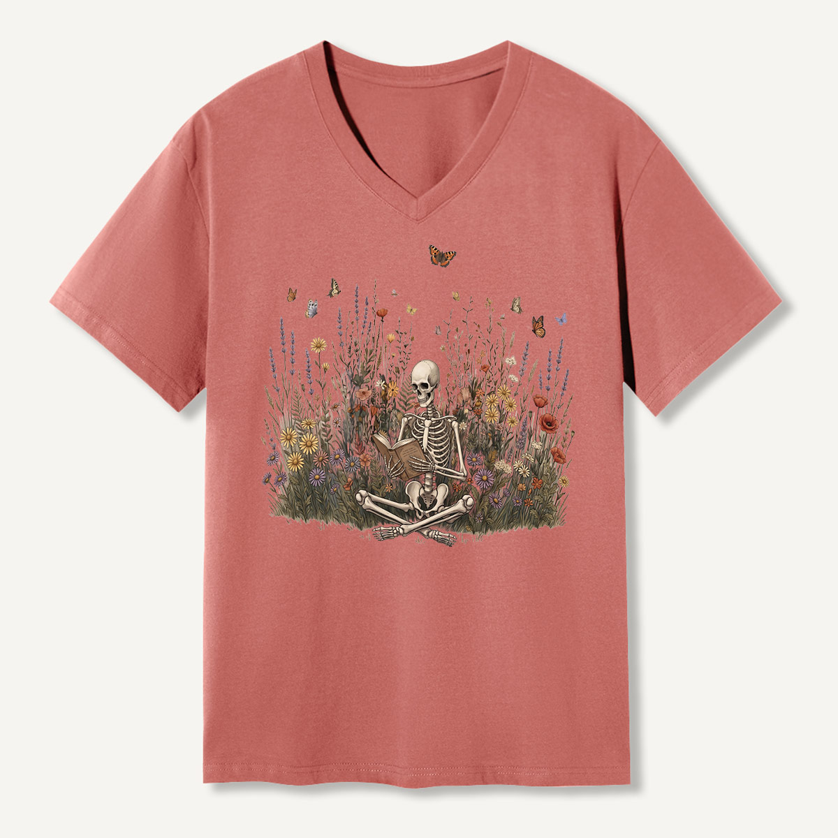 Skeleton Meditation Wildflower Garden V-neck T-Shirt