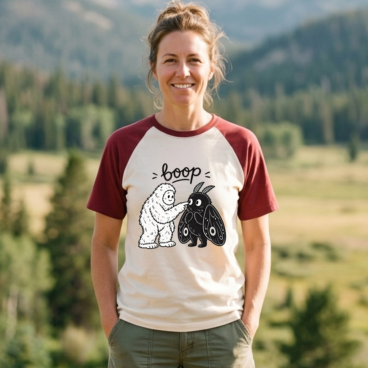 Boop Bigfoot And Mothman Cute Encounter Raglan T-Shirt