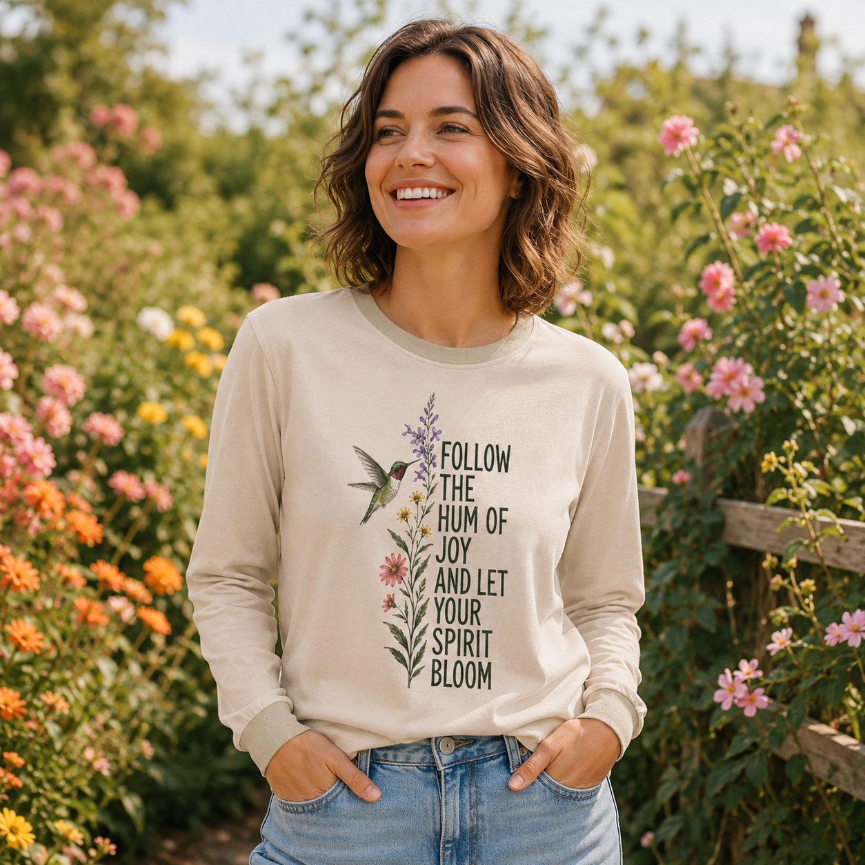 Hummingbird Joy Bloom Quote Long Sleeve T-Shirt