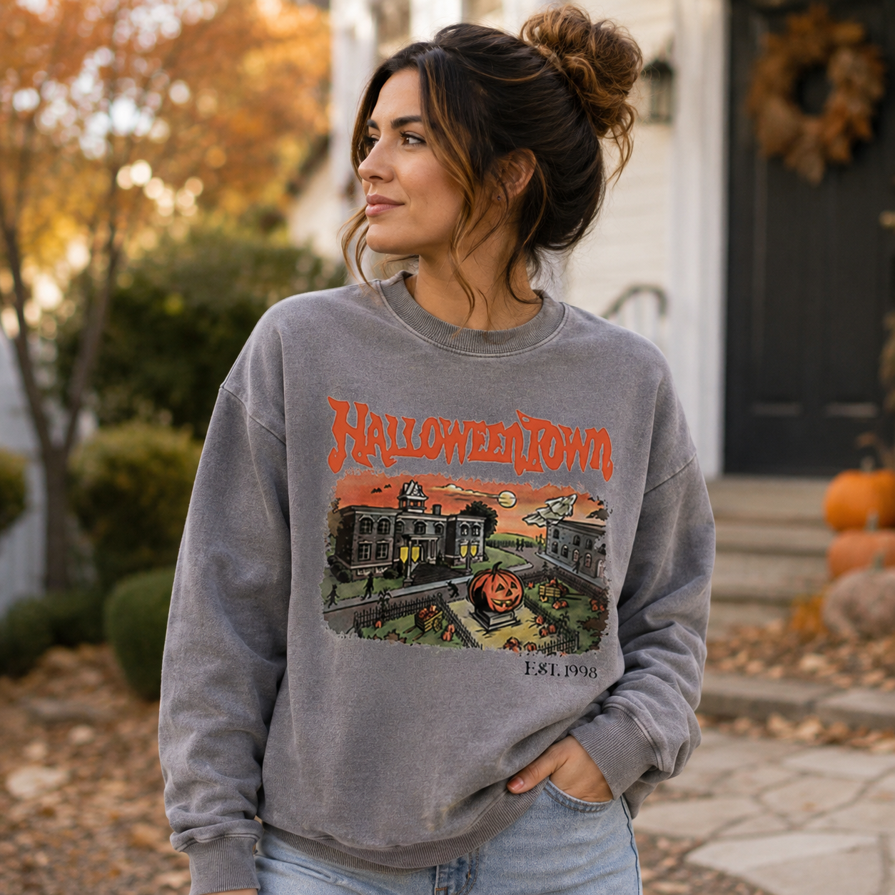 Halloweentown Village Scene Washed Sweatshirts