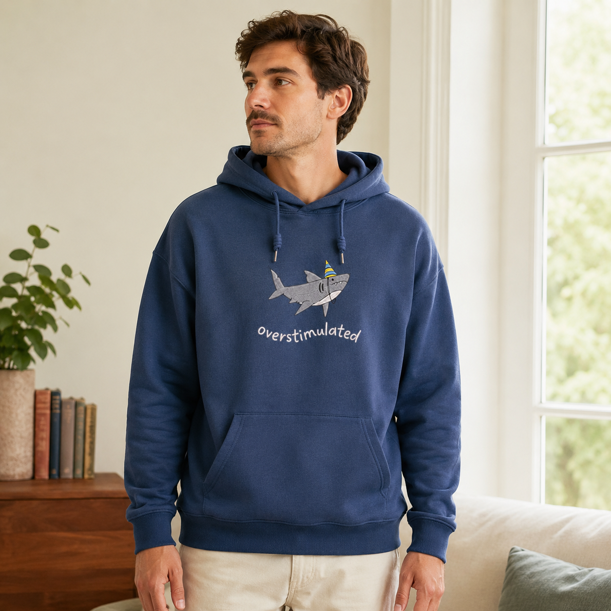 Overthinking Shark Embroidered Cotton Hoodie