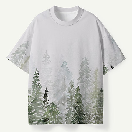 Misty Pine Forest Watercolor Landscape Premium Pure Cotton Tee