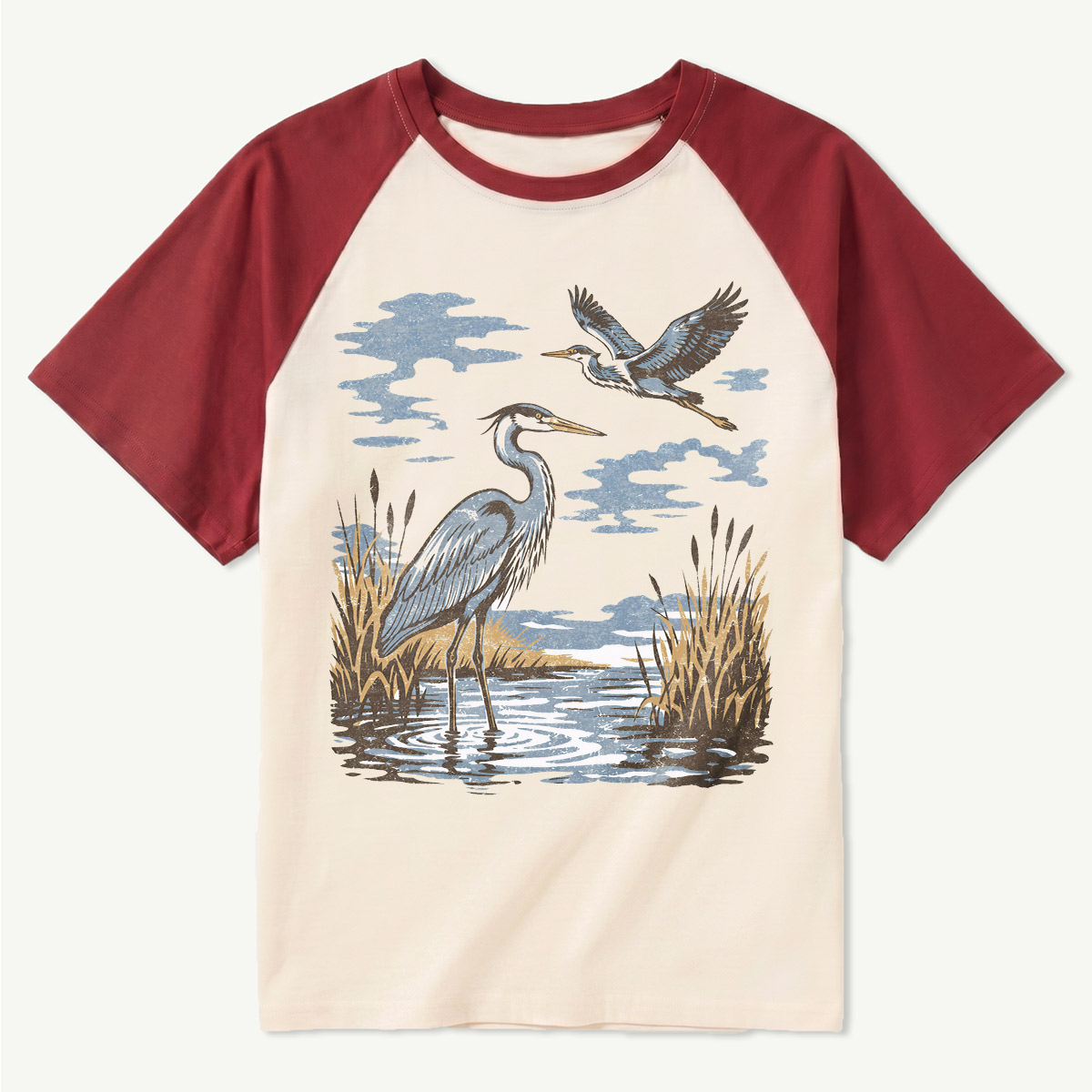 Vintage Heron Wetland Bird Nature Raglan T-Shirt