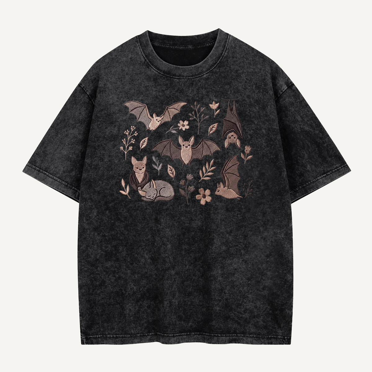 Bat Blooms & Midnight Wings Embroidered Washed T-Shirt