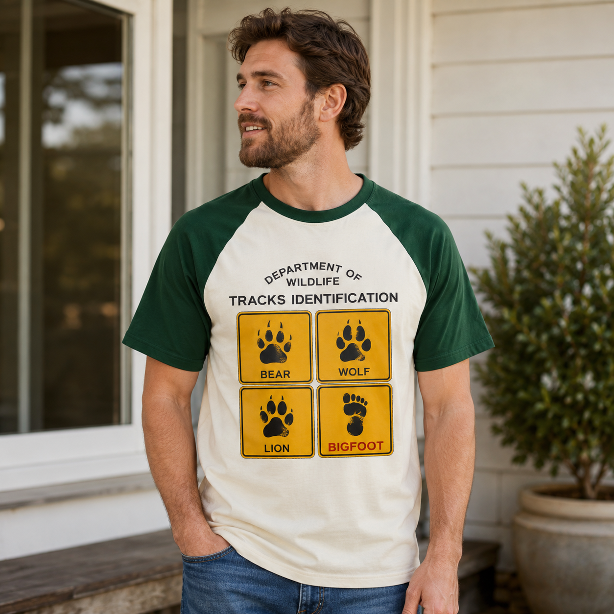 Department of Wildlife Tracks Identification Bear Wolf Lion Cryptids Raglan T-Shirt
