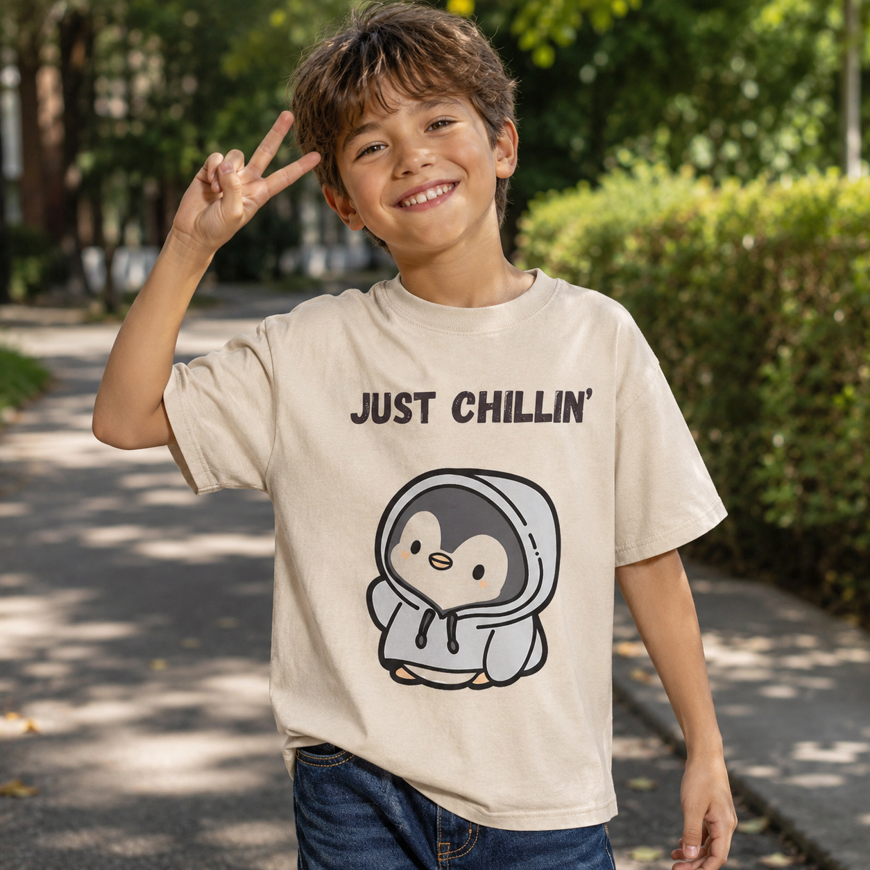 Just Chillin’ Hoodie Penguin Kids Washed T-Shirt