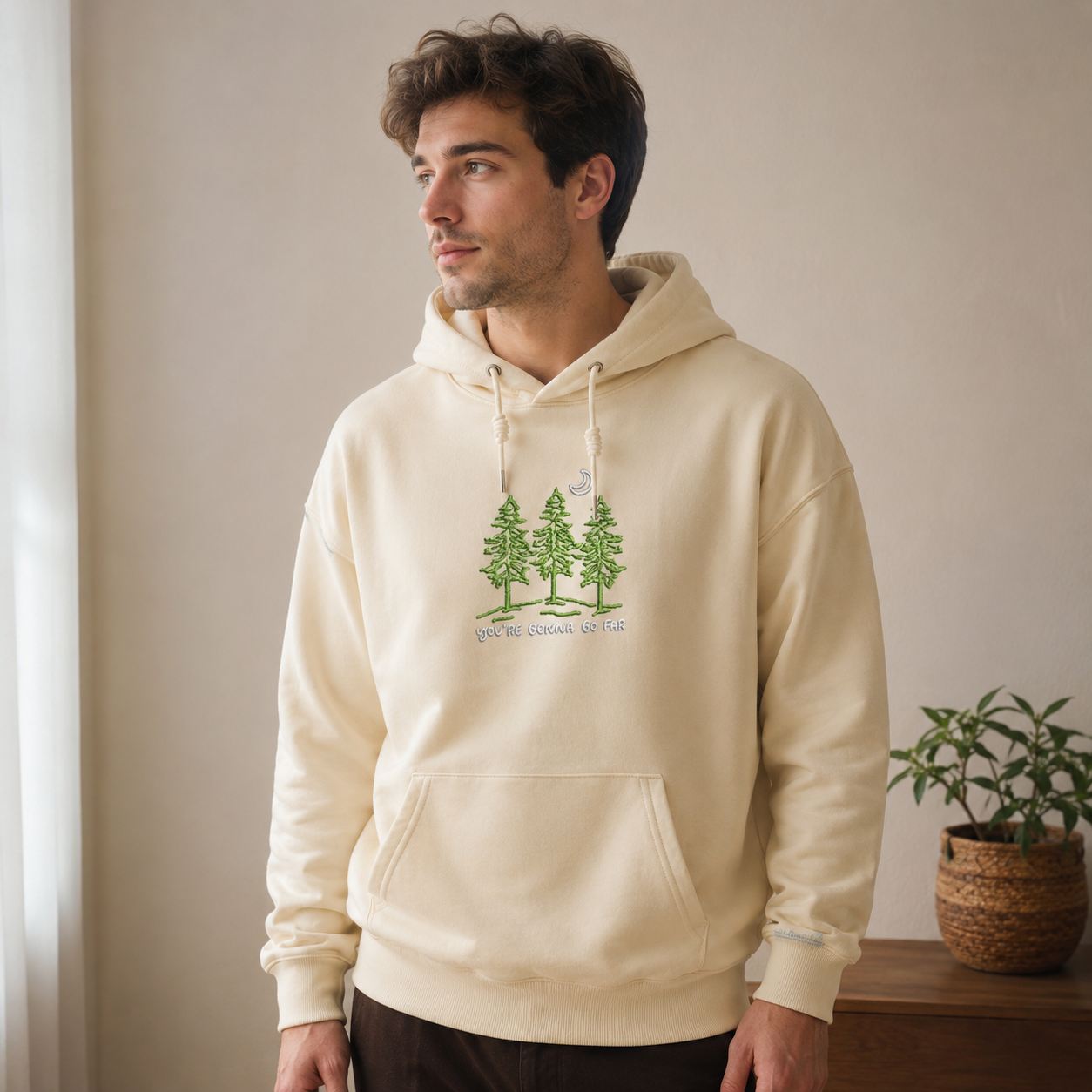 Three Trees Nature Quote Embroidered Cotton Hoodie