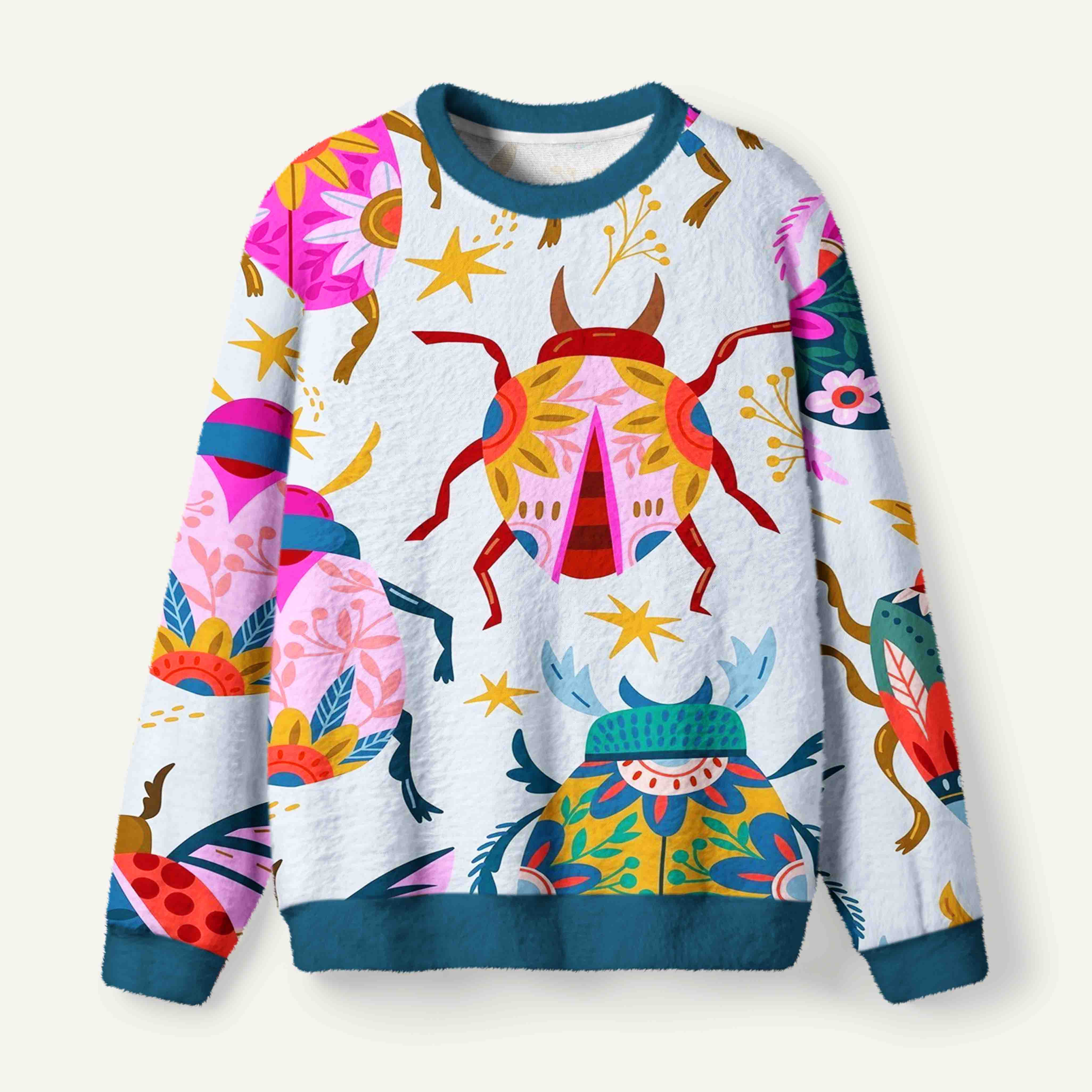 Colorful Botanical Beetles And Whimsical Floral Insect Pattern Ugly Fuzzy Fleece Sweatshirt
