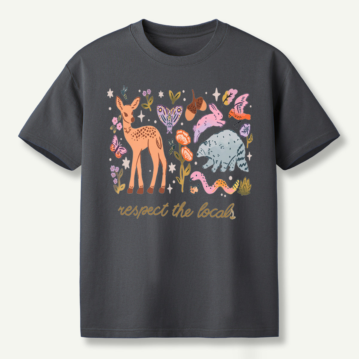 espect The Locals Woodland Wildlife Deer Rabbit Raccoon And Butterfly T-Shirt