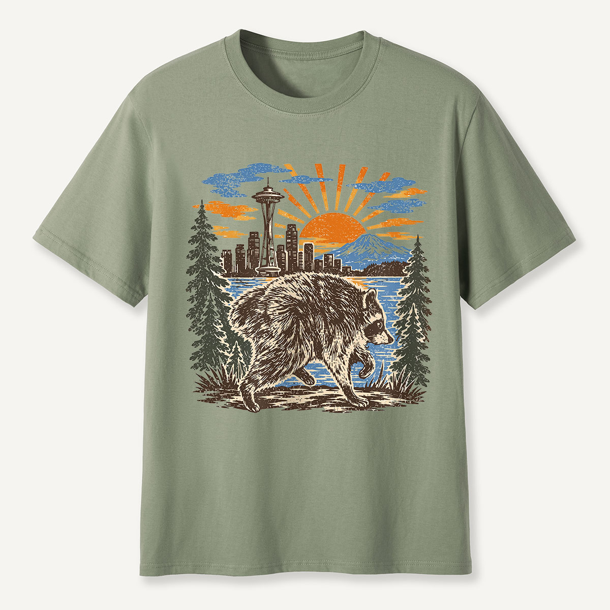 Jimothy Seattle Skyline Sunset Raccoon T-Shirt