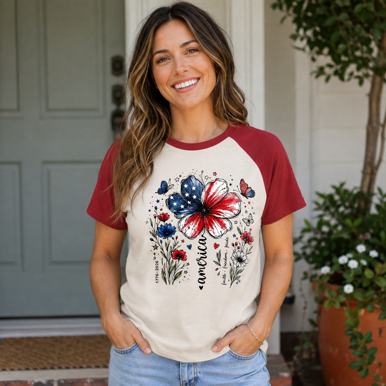 USA 250th Anniversary Floral Raglan T-Shirt