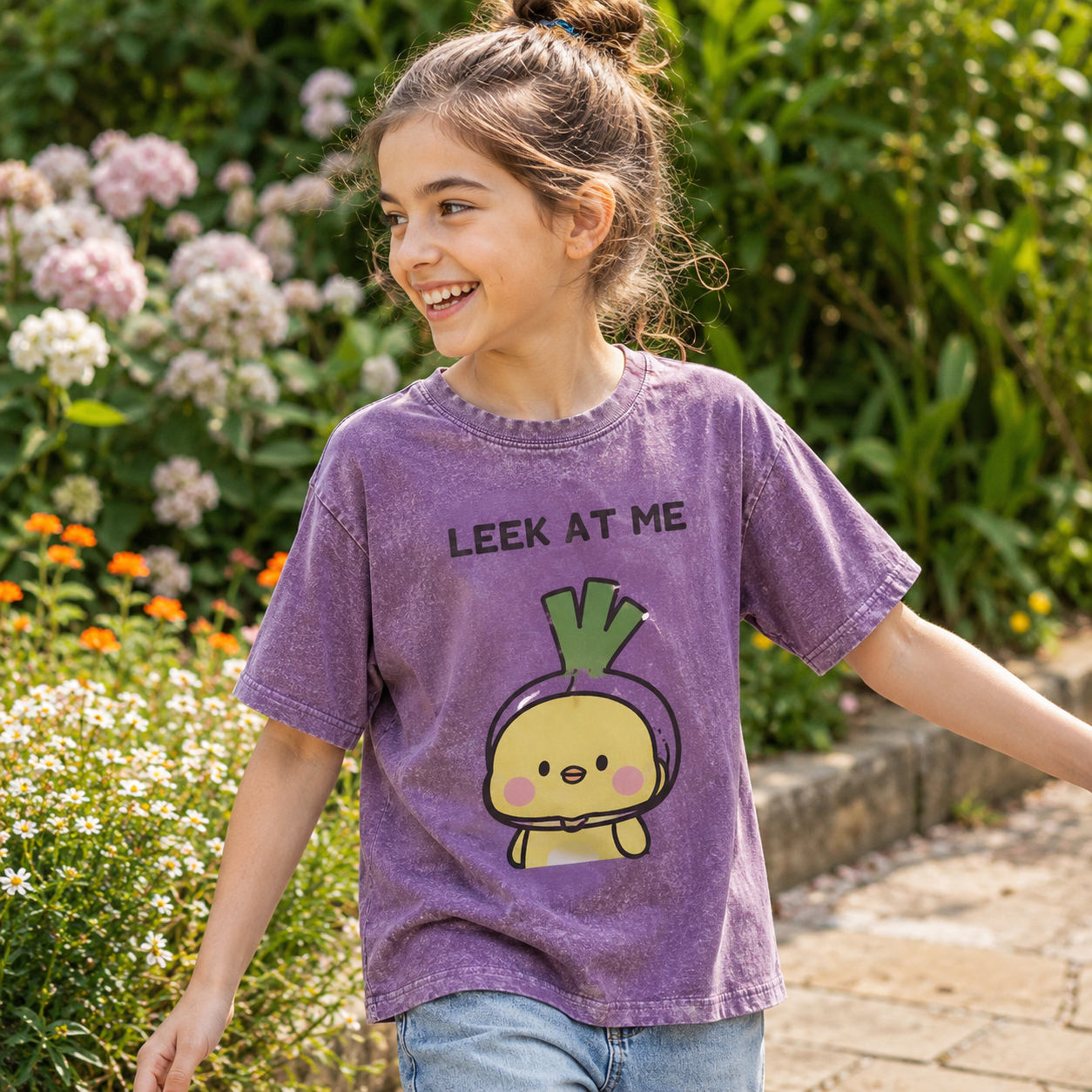 Leek at Me Veggie Pun Kids Washed T-Shirt