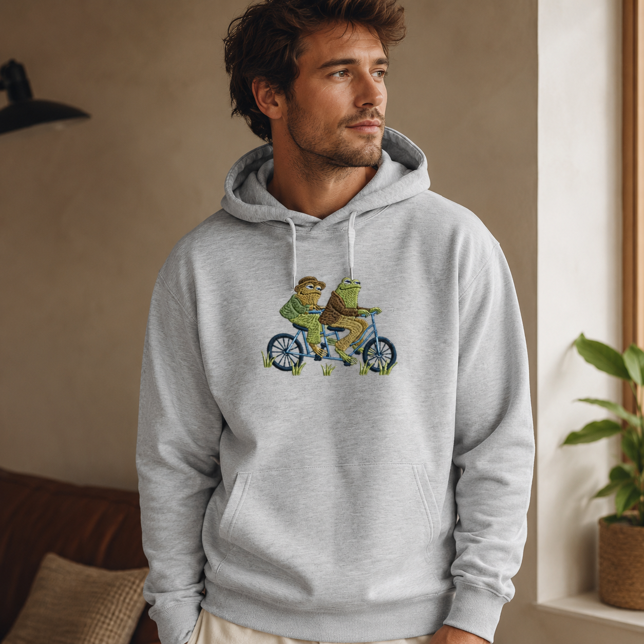 Frog on Bike Adventure Embroidered Cotton Hoodie