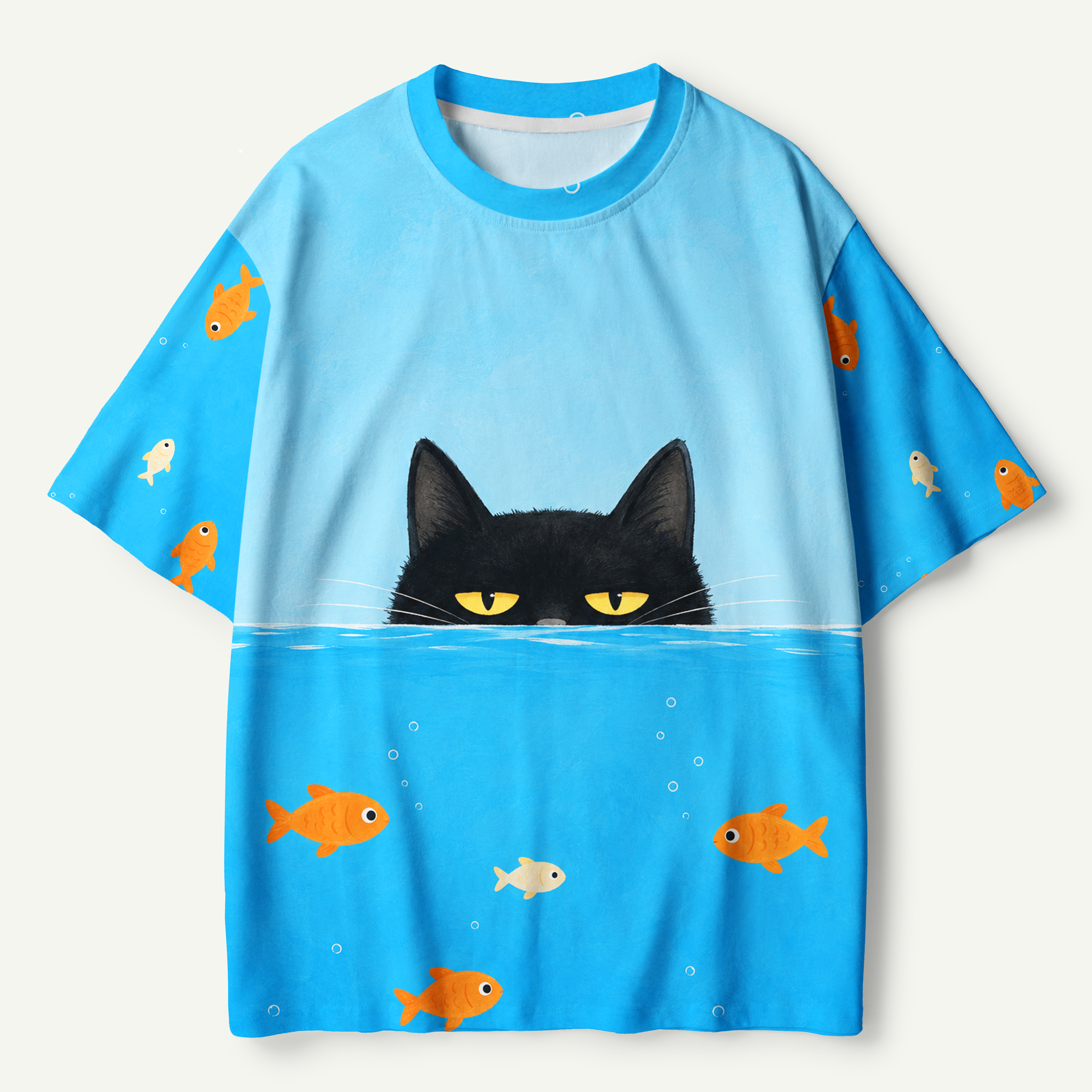 Black Cat Watching Goldfish Minimal Illustration Premium Pure Cotton Tee