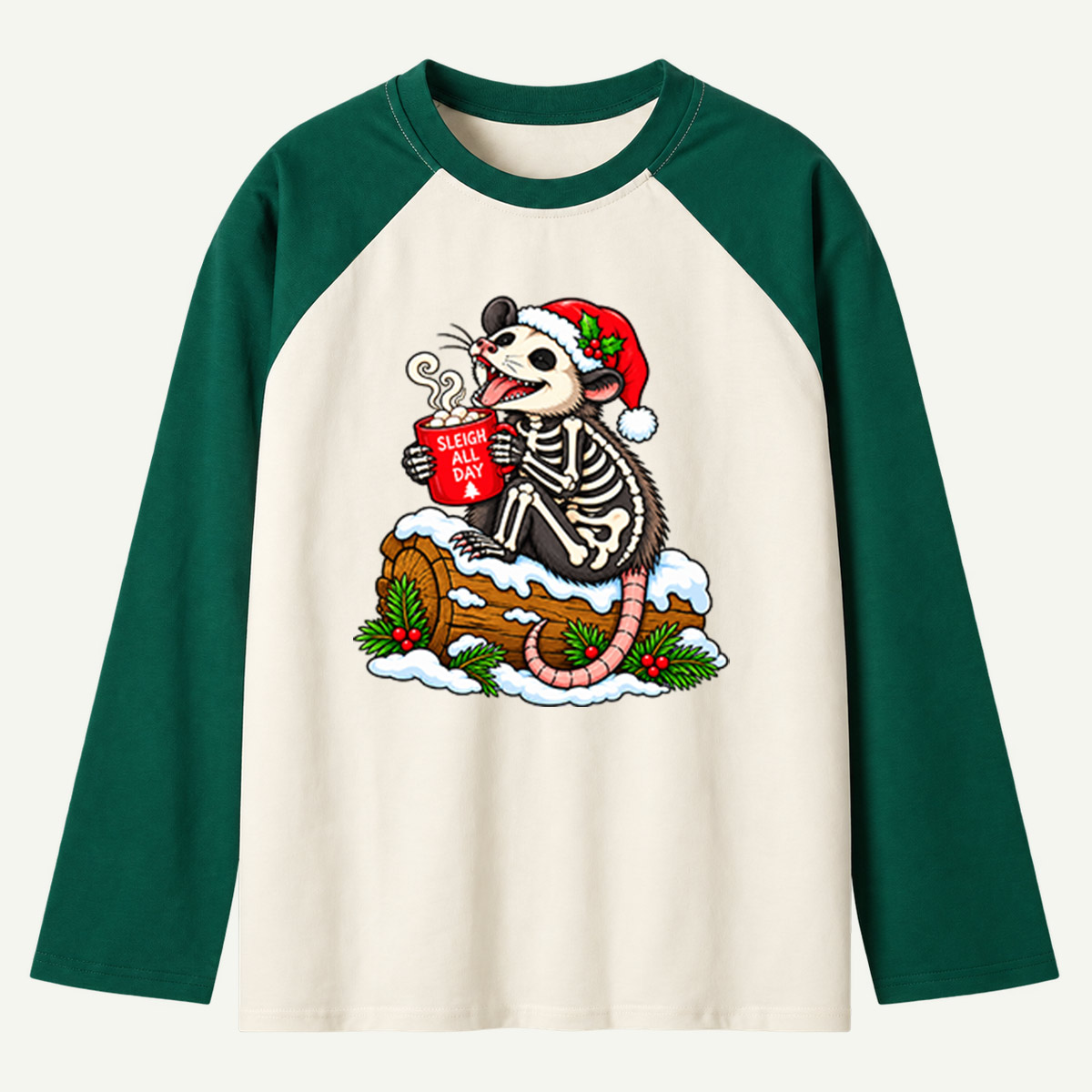 Funny Christmas Skeleton Opossum Riding A Woodland Animal Raglan Long Sleeves
