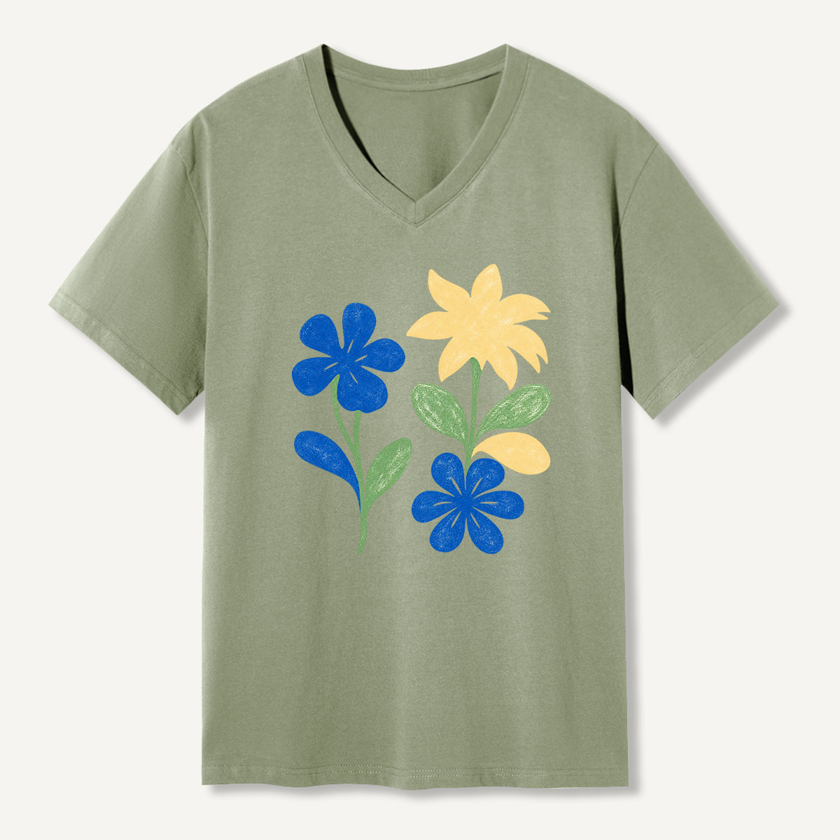Blue Yellow Retro Wildflower Botanical V-neck T-Shirt
