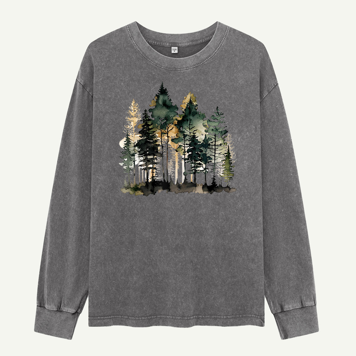 Watercolor Pine Forest Landscape Washed Long Sleeves