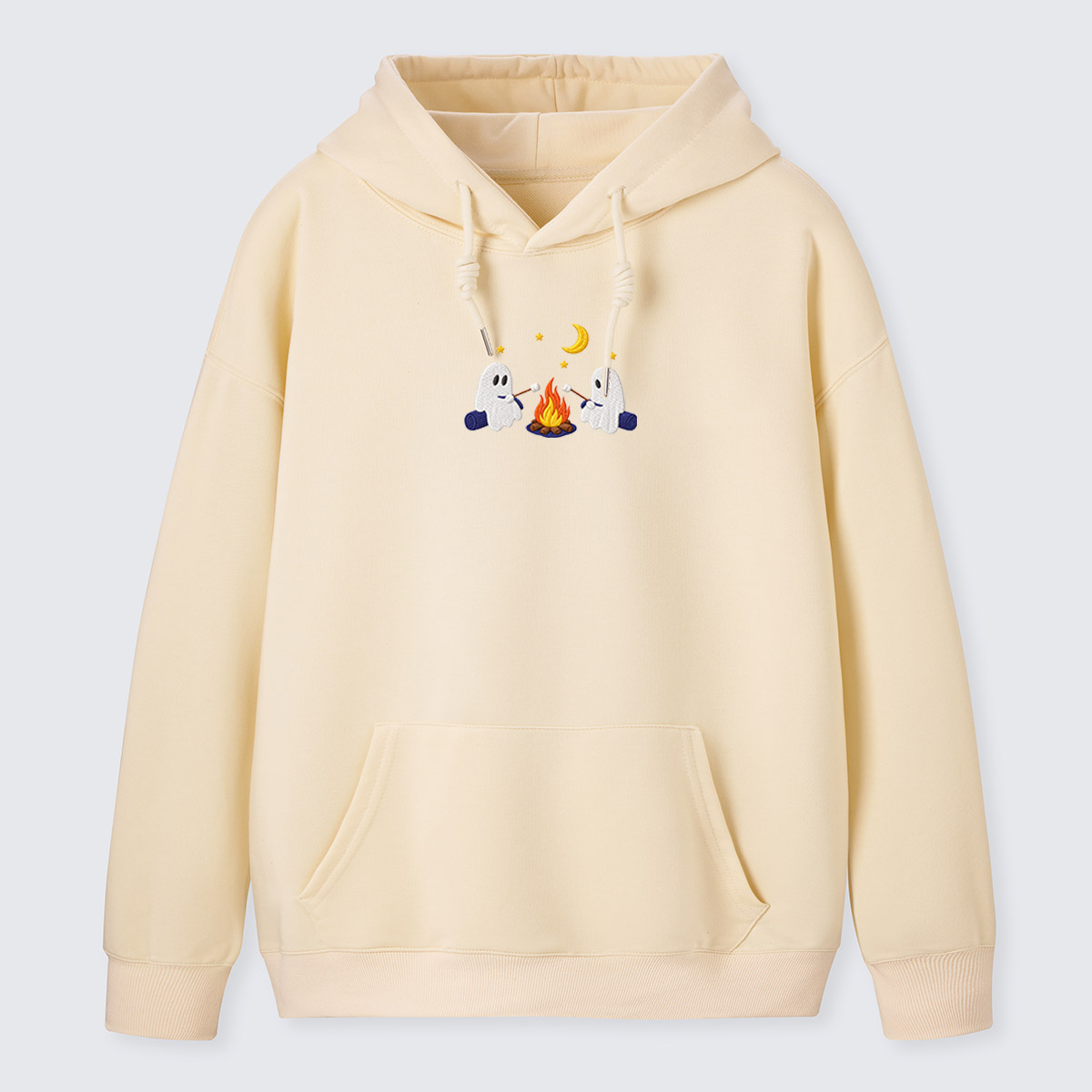 Ghost Campfire Under Moon Embroidered Hoodie