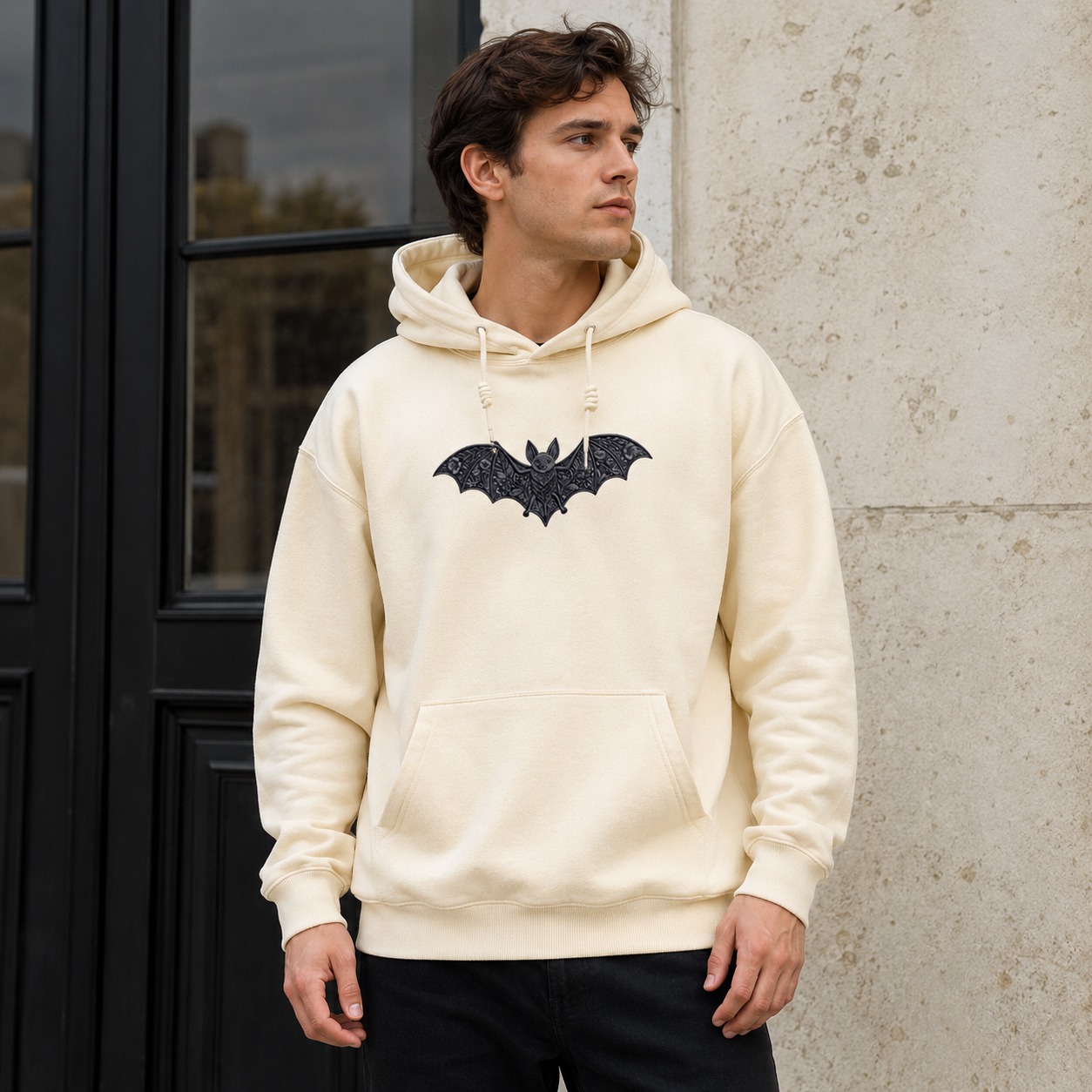 Simple Bat Icon Embroidered Cotton Hoodie