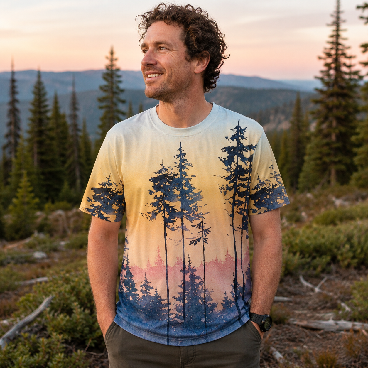 Golden Hour Pine Lake Watercolor Premium Eco Tee