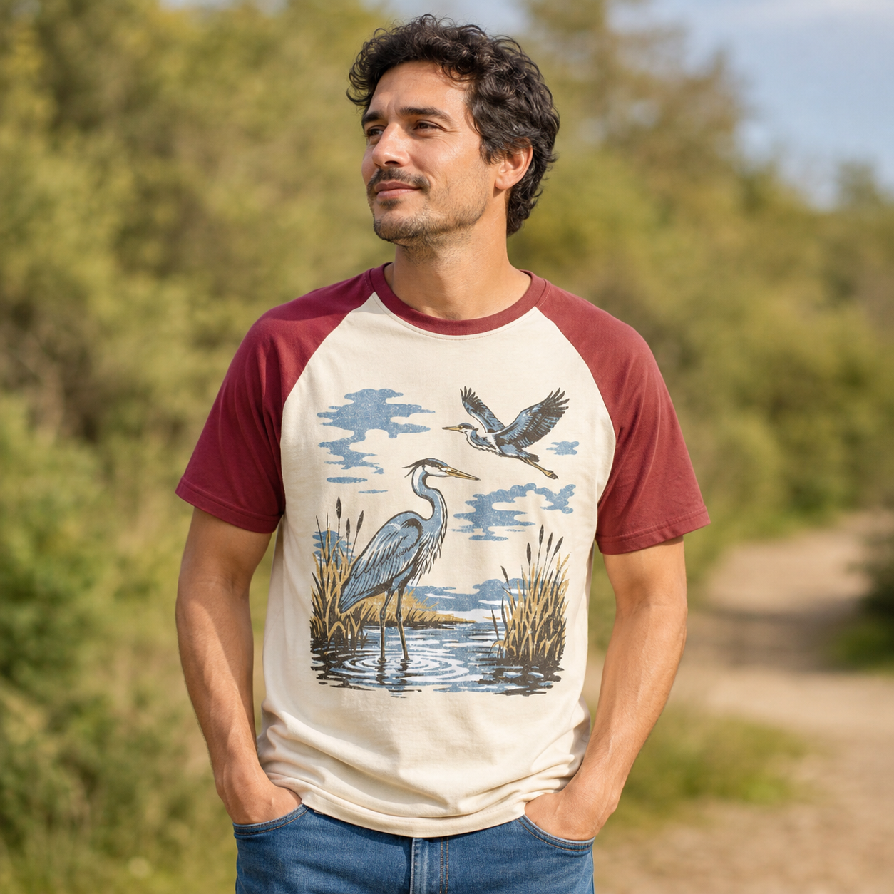 Vintage Heron Wetland Bird Nature Raglan T-Shirt