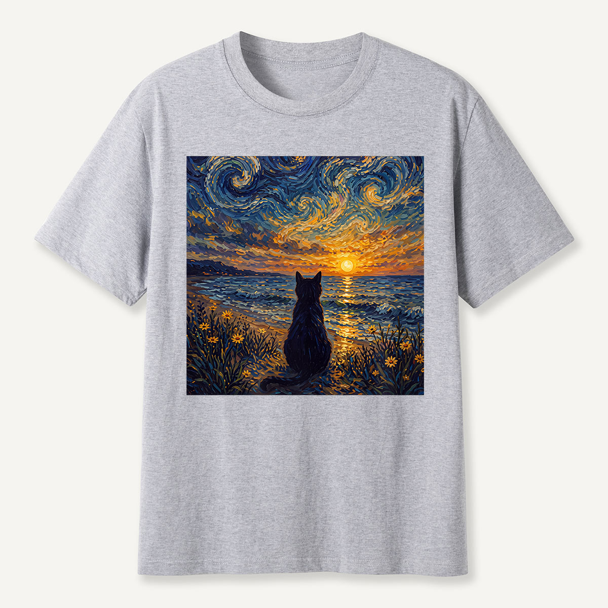 Starry Night Sunset Cat Seaside T-Shirt