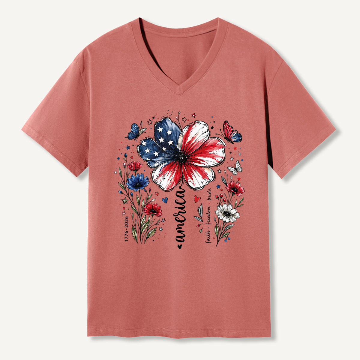 USA 250th Anniversary Floral V-neck T-Shirt