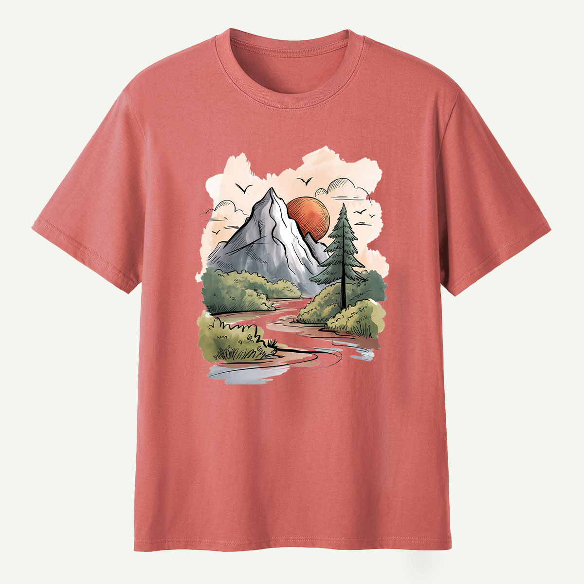 Mountain River Sunset Watercolor Landscape T-Shirt