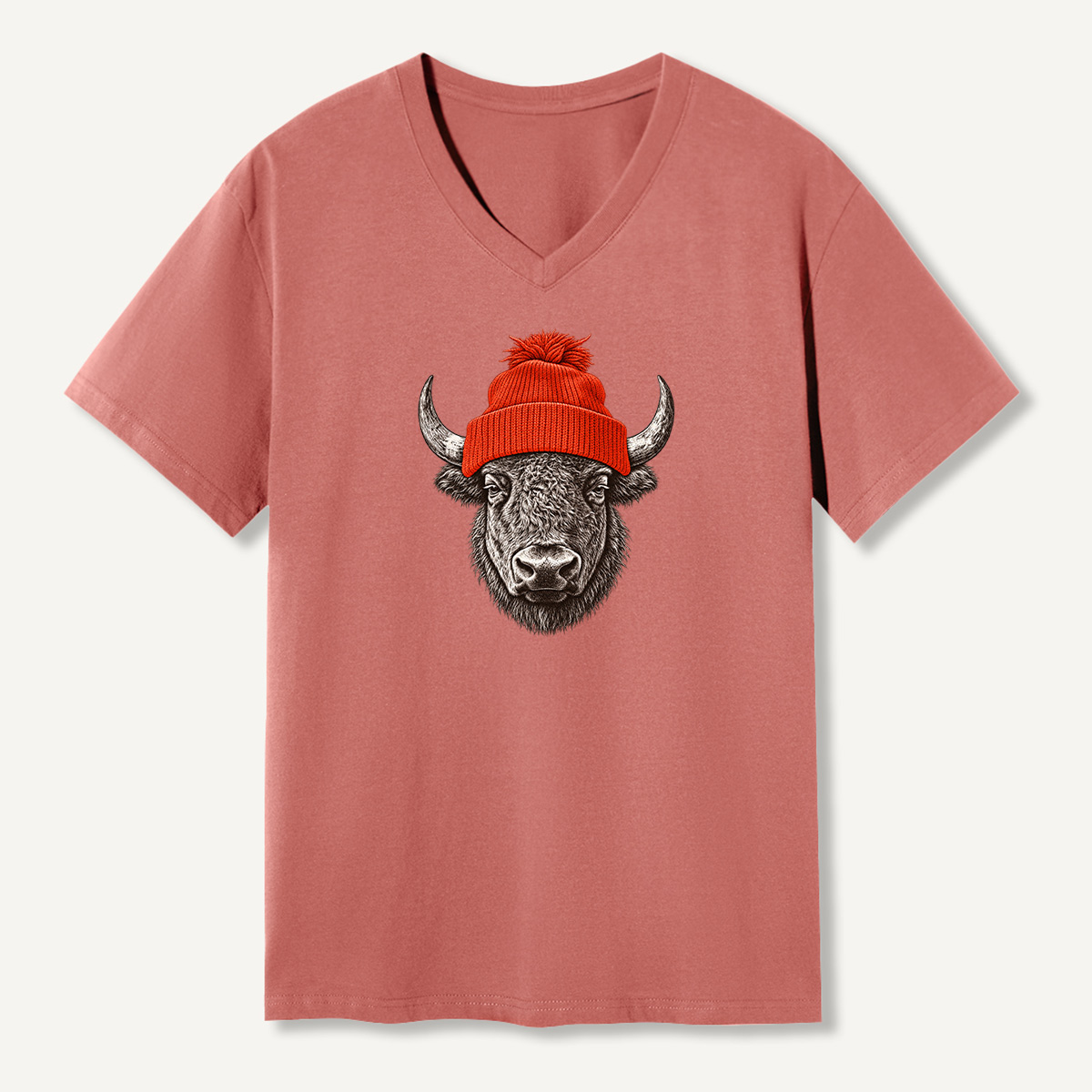Winter Beanie Bison Portrait V-neck T-Shirt